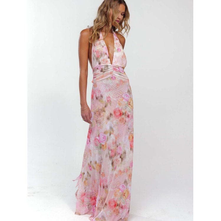 Wenshuo Printed Halter Light Dress Wholesale Backless Maxi Dress Custom logo Casual Summer Dress Factory Directly
