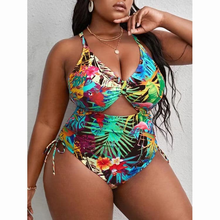 Sexy Plus Size One Piece 2024 Elegant BIKINI Colorful v Neck High Cut Big Size Swimsuit Backless Bathing Wear