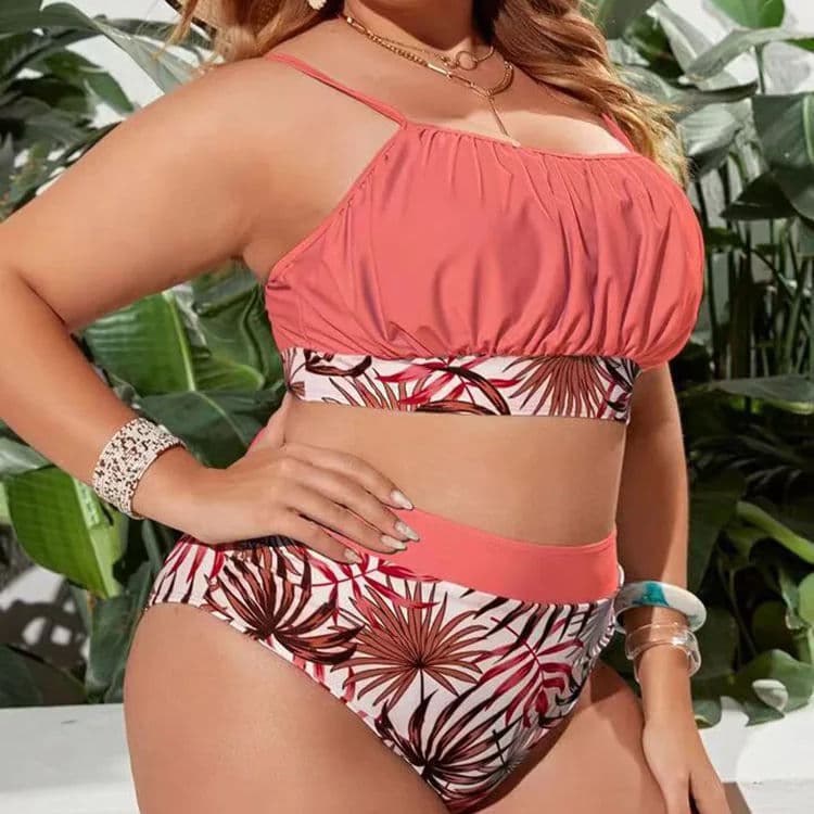 Factory New Plant Print Set Chest Pleated Suspenders High Waist Split Plus Size Bikini Swimwear