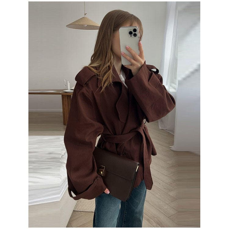 Wenshuo 2025 New Style Casual Solid Color Cropped Jacket with Belt Spring Fashion Women Coat