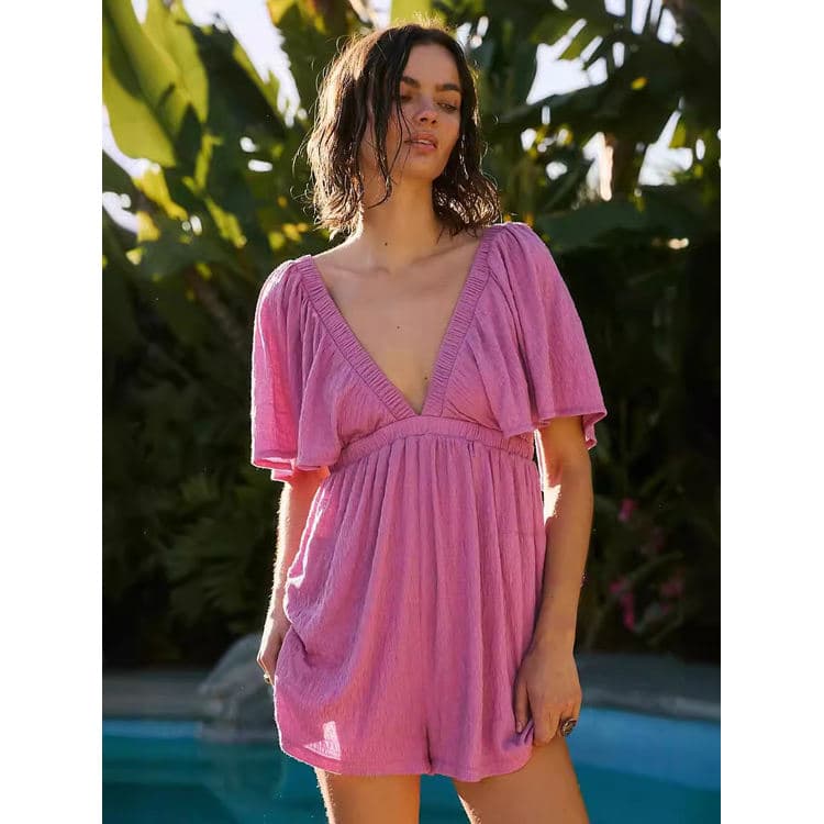 Summer V-neck Sexy Backless Short Sleeved Jumpsuit Solid Color Loose Casual Jumpsuit