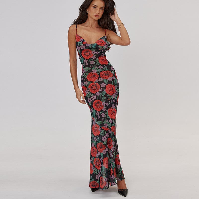 Printed Suspender Skirt Wholesale Sleeveless Dress Manufacturer V Neck Long Skirt Factory Directly
