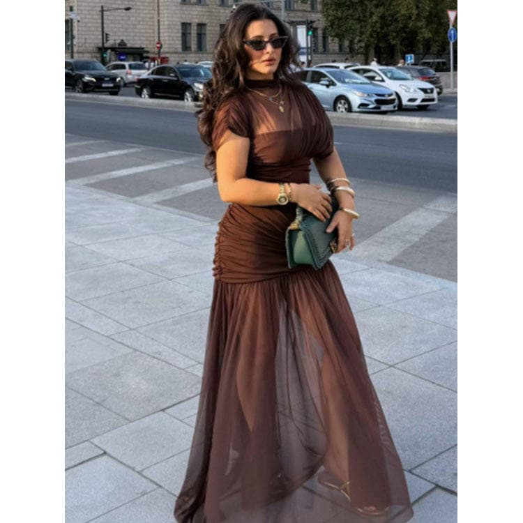 Wenshuo Stretch Mesh Dress Crew Neck Solid Color Sleeveless Fitted Waist Long Dress Women Mesh Casual Dress
