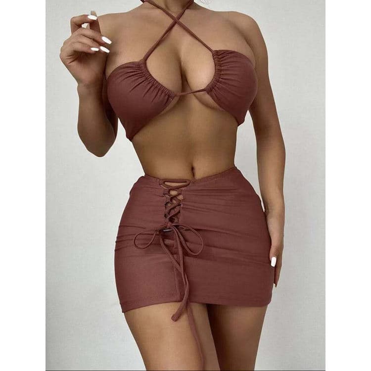 2021 New Three Piece Swimsuit Bandage Design Solid Color Fitness Bikini Beachwear Old
