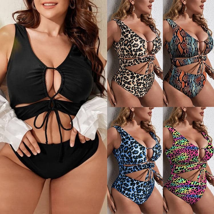 Wholesale Plus Size Bikini Sexy Hollow Out One Piece Swimsuit Leopard Print Plus Size Bikini Swimsuit