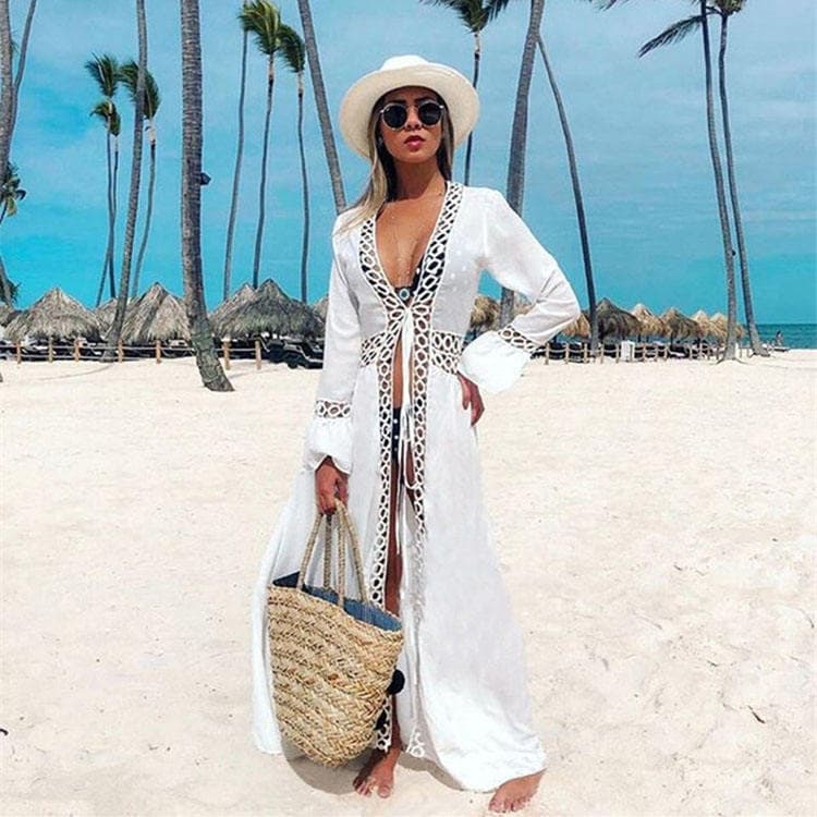 2024 New Round Holes Lace Vacation Dress Kimono Long Sleeve Bikini Sunscreen Women Beach Cover up