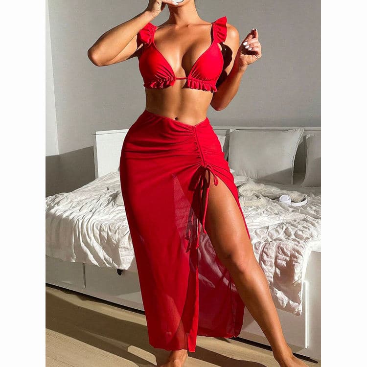 Ruffle V Neck Solid Sexy High Cut Bathing Suit Women 3 Pieces Swimsuit Swimwear Beachwear 2024