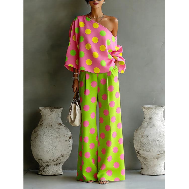 Wenshuo Casual One Shoulder Top Wholesale Loose Straight Leg Trousers Custom logo Polka Dot Women Set Factory Directly
