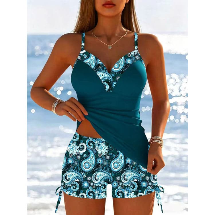 New Retro Printed Swimsuit Fashionable Beach Tankini Conservative Shorts Swimsuit Set Wholesale