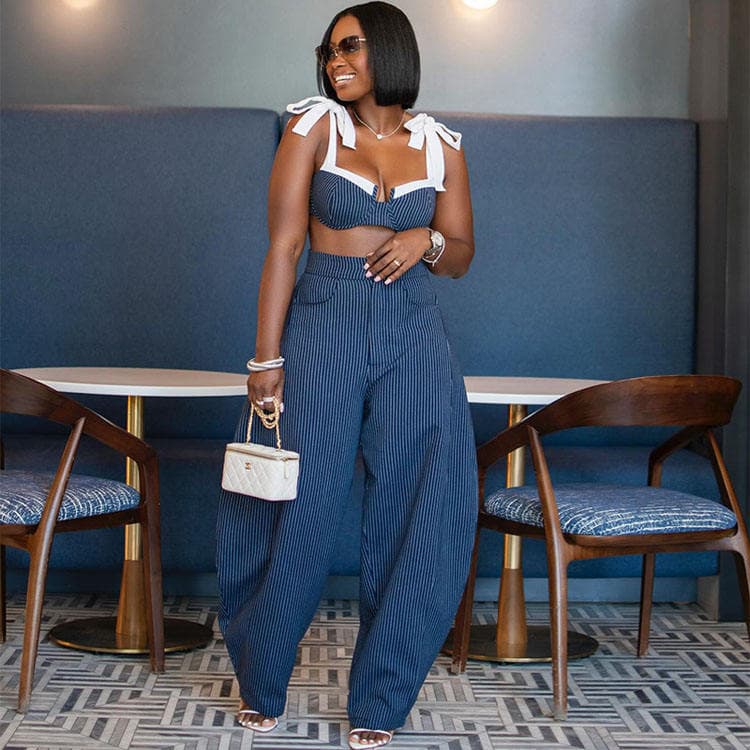 Wenshuo 2026 Summer New Arrival Sexy Cut Out Bra Waist Wide Leg Pant Set Women 2piece Set Fashion Striped Set for Women
