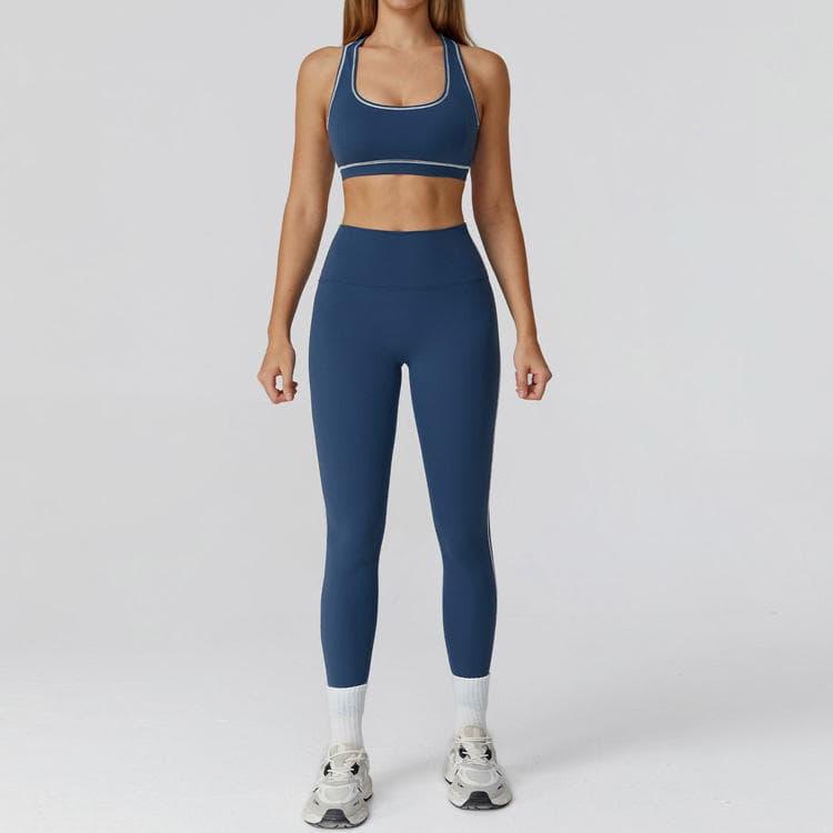 Brushed Nylon Spandex Yoga Fitness Wear Fashion Contrast Stitching Bra and Legging 2 Piece Yoga Set