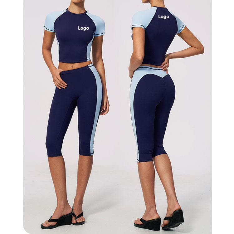 78 Nylon 22 Spandex Custom Logo Workout Set Block Color Short Sleeve T-shirt and Capris 2 Piece Yoga Set