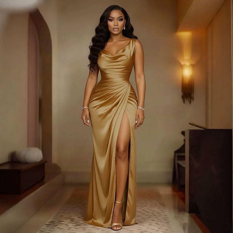 Wenshuo Pleated Satin Dress Wholesale Solid Color Maxi Dress Custom logo Sleeveless Evening Dress Factory Directly