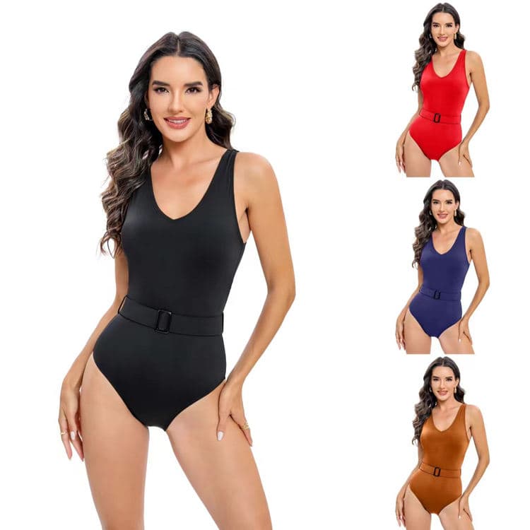 Simple Slim Sexy Basic 2024 New Solid Color One Piece Bikini Custom Design Belt Swimsuit