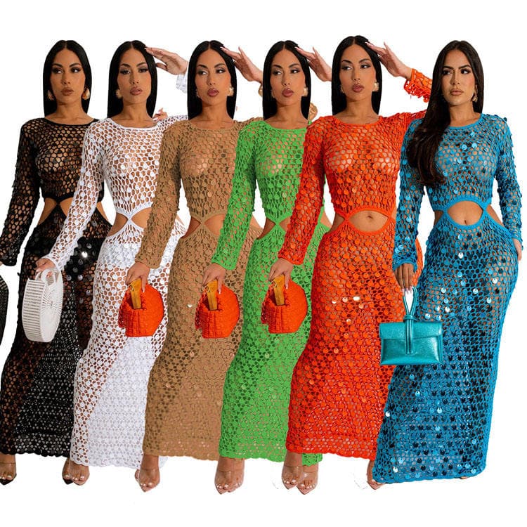 Wenshuo Hollow Sexy Maxi Dress Wholesale Sequined Cropped Dress Custom logo Stylish Beach Dress Factory Directly