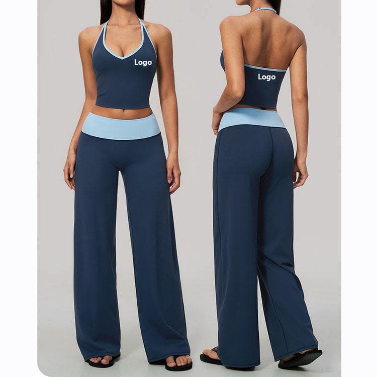 2026 New Brushed Nylon Spandex Workout Block Color Top and Wide Leg Pants 2 Piece Yoga Set