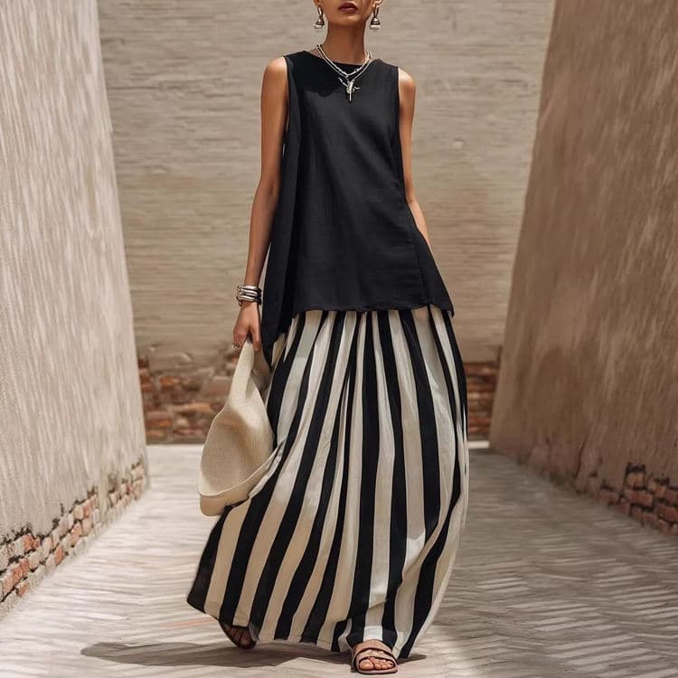 Wenshuo Loose Sleeveless Dress Wholesale Striped Maxi Skirt Custom logo Casual Dress Set Factory Directly