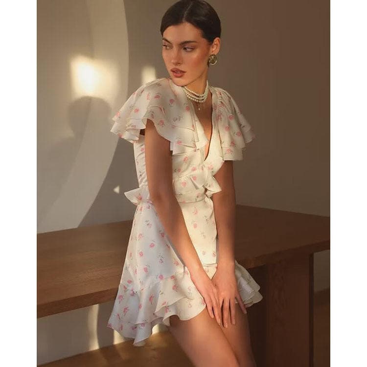 Wenshuo Floral Print Ruffle V Neck Mini Dress 2026 Summer New Style Elegant V Neck Fit Waist Dress Women Casual Dress