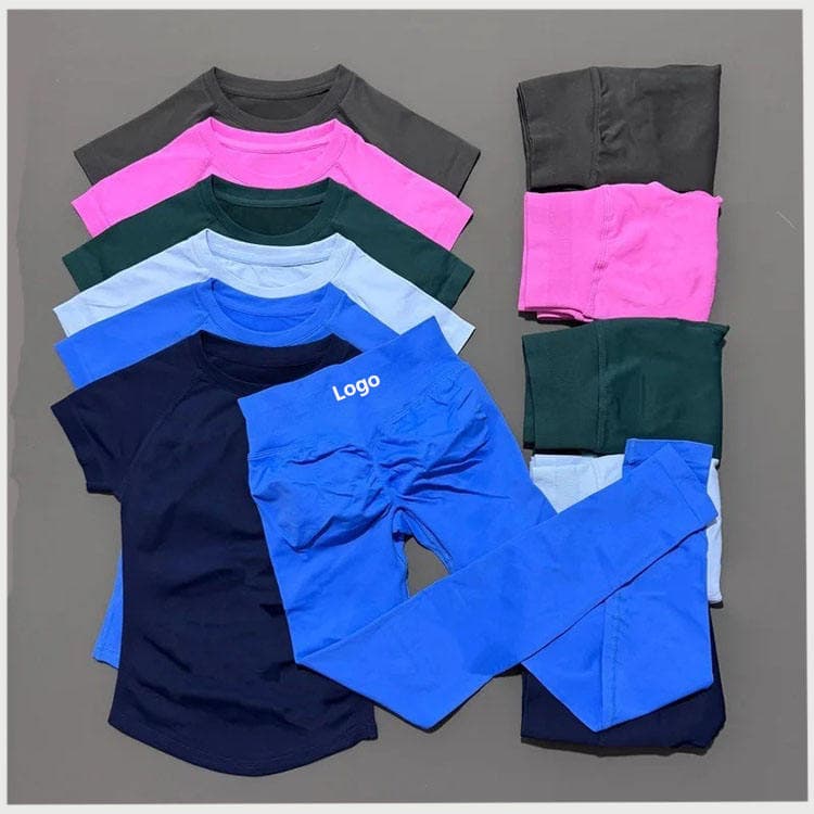 90 Nylon 10 Spandex Seamless Workout Set Plain Color Short Sleeve T-shirt and Legging 2 Piece Yoga Set