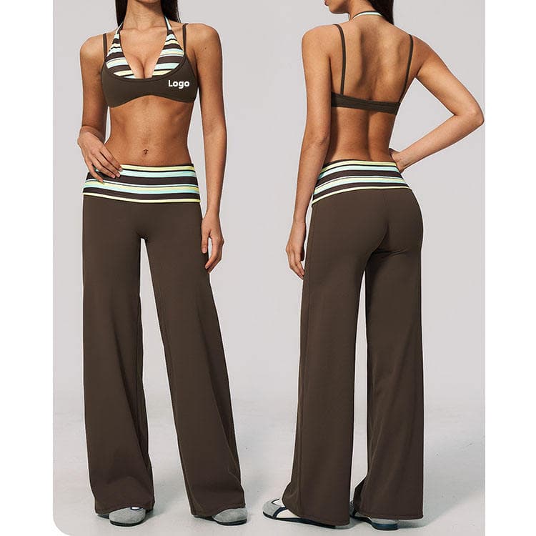 78 Nylon 22 Spandex Fashion 2 in 1 Striped Bra and Wide Straight Legging 2 Piece Yoga Set