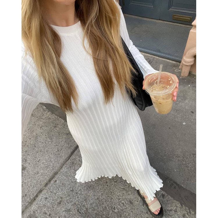 Fashion Autumn Elegant Casual Dress Solid Slim Rib Knit Dress Long Sleeve Crew Collar Plain Pullover Sweater Dress