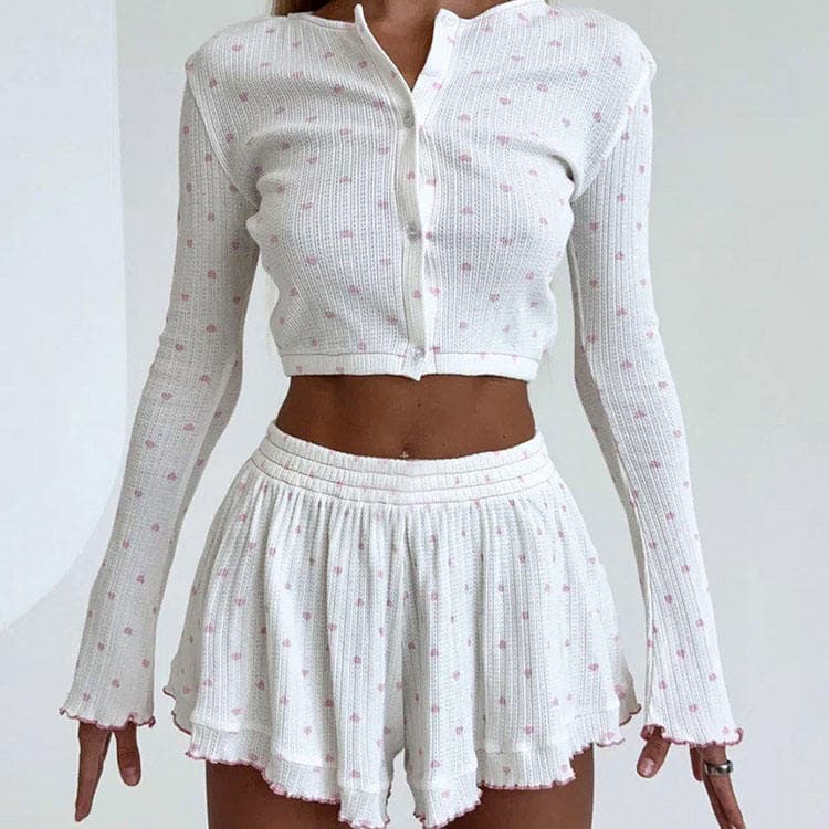 Wenshuo Long Sleeve Crop Top Custom logo Heart Patterned Loungewear Wholesale Women Summer Pajamas Factory Directly