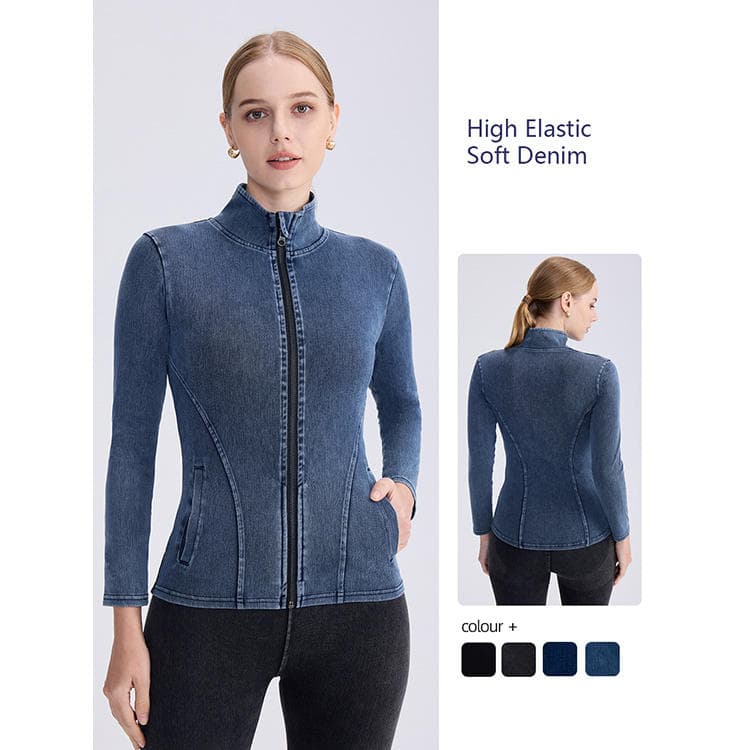 Fall Winter New Denim High Collar Slim Tight Double Pocket Sports Outfit Women Zipper Yoga Jacket