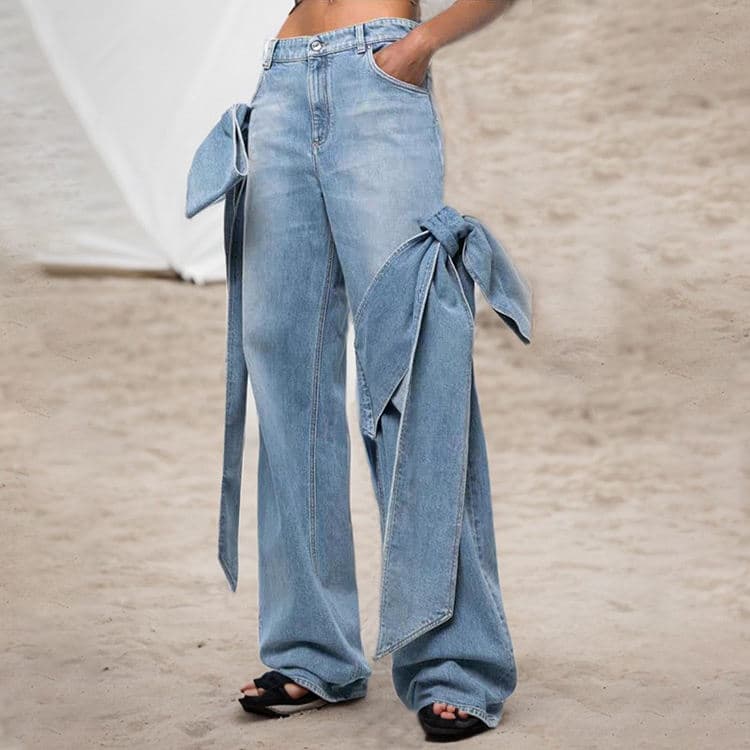 Exaggerated Bow Jeans Washed Patchwork Bow Wide Leg Pants Blue High Waist Jeans Women