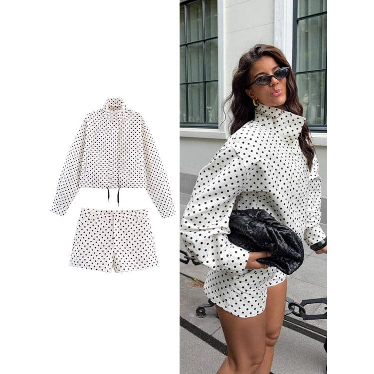 New Spring/Summer Women Polka Dot Long-Sleeve Jacket and Shorts Set