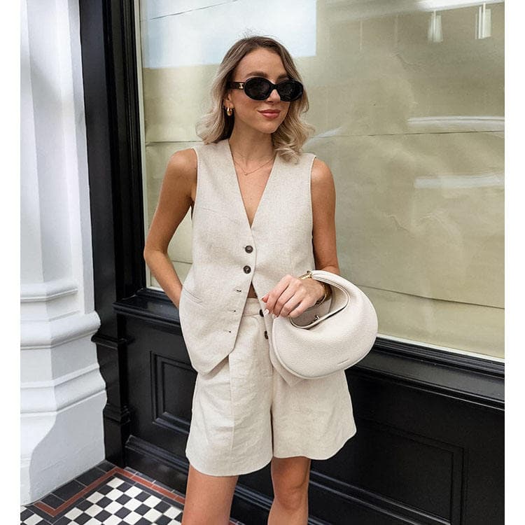 Women Summer Khaki Cotton and Linen Two Piece Set Sleeveless Vest and Shorts Set Solid Color Women Daily Set