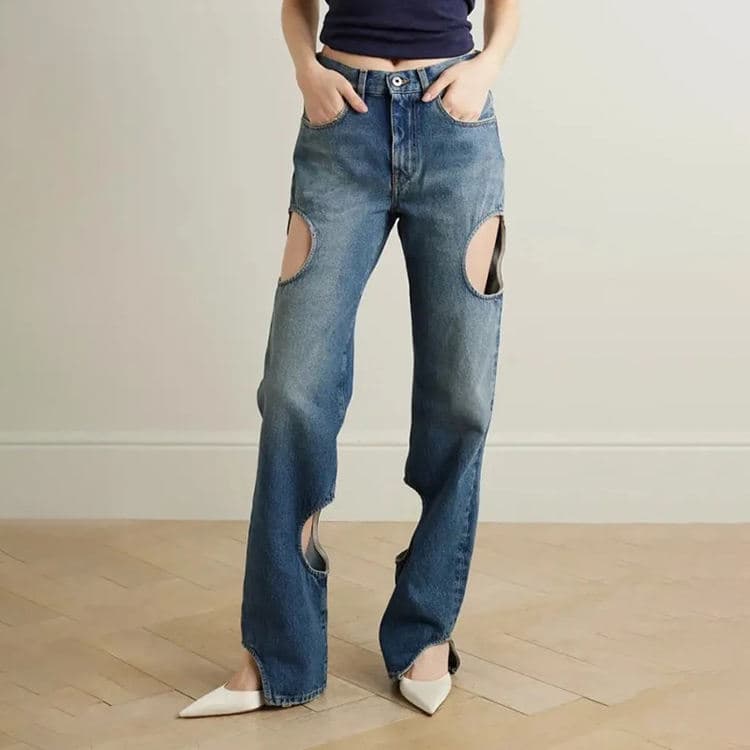 High End Fashion Casual Straight Pants High Waist Hollow Design Jeans Women