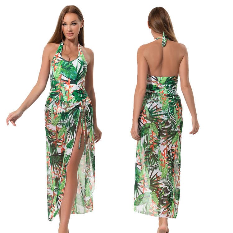 New Sarong Bikini Set Plant Print Swimwear Sexy Backless One Piece Swimsuit