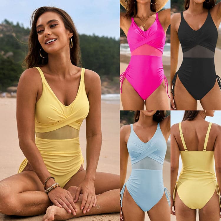 Customized 2025 New Bikini Solid Color Mesh Swimsuit Drawstring Swimsuit