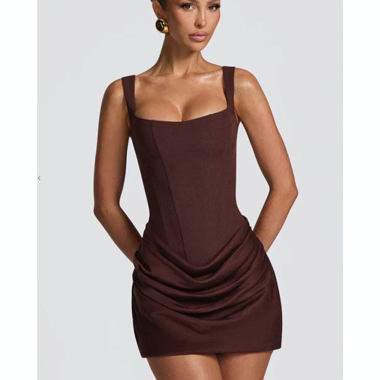 Wenshuo Sleeveless Evening Dress Wholesale Waist Cinching Mini Dress Custom logo Pleated Satin Dress Factory Directly