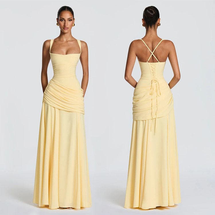Wenshuo High Quality Elegant Long Dress Sophisticated Noble Slim Fit Sexy Evening Dress Solid Color Women Chiffon Dress