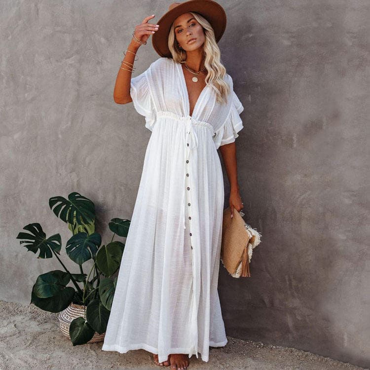 Slub Fabric Button Draw Waist Rope Long Skirt Sun Protection Shirt Beach Blouse