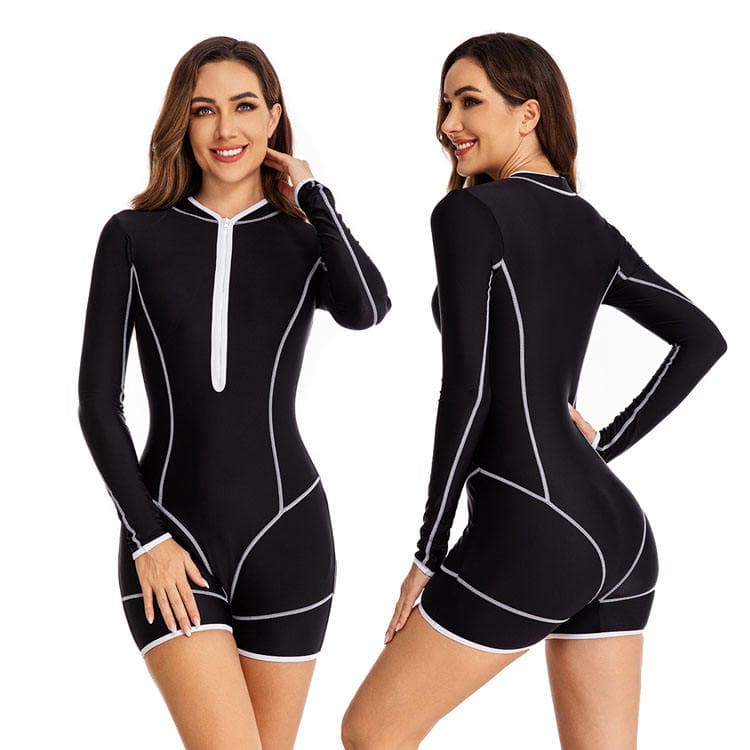 Contrast Line Splicing Long Sleeve One Piece Rash Guard Flat Angle Women Rash Guard
