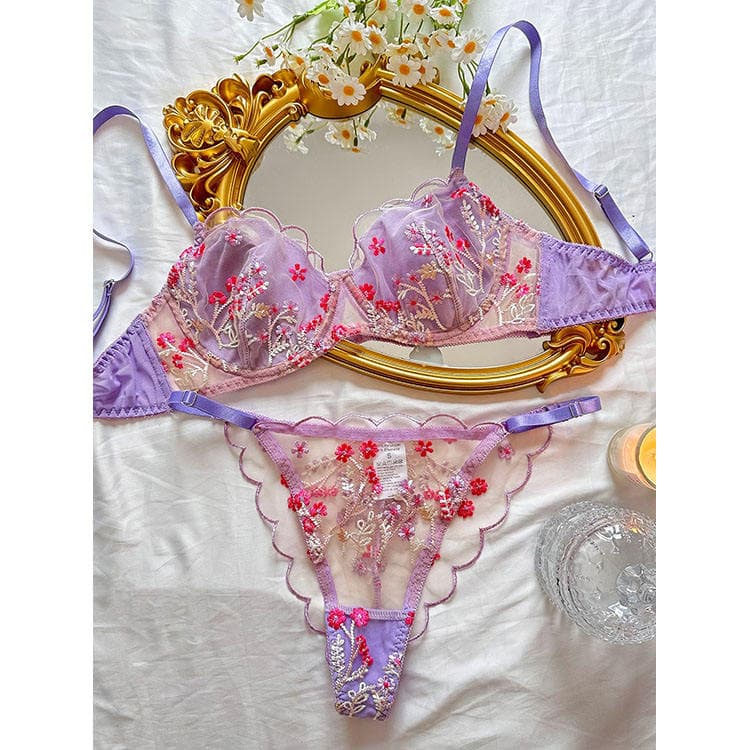 Hot Selling Pure Desire Sexy Girl Floral Embroidered Mesh Push up Bra Slim Sexy Lingerie Set