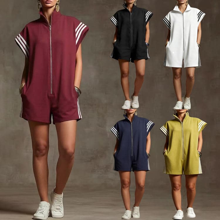 Wholesale Short Sleeve Shorts Jumpsuit Summer Zipper Stand-Up Collar Striped Color Block Jumpsuit