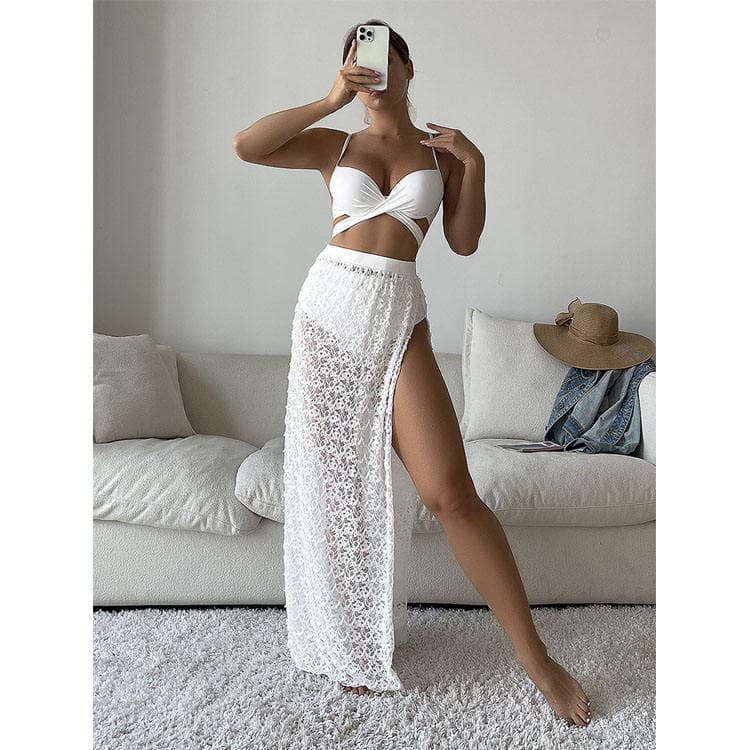 2022 Classic White Lace Women Swimsuit Sexy Bikini Swimwear With Long Wrap Dress