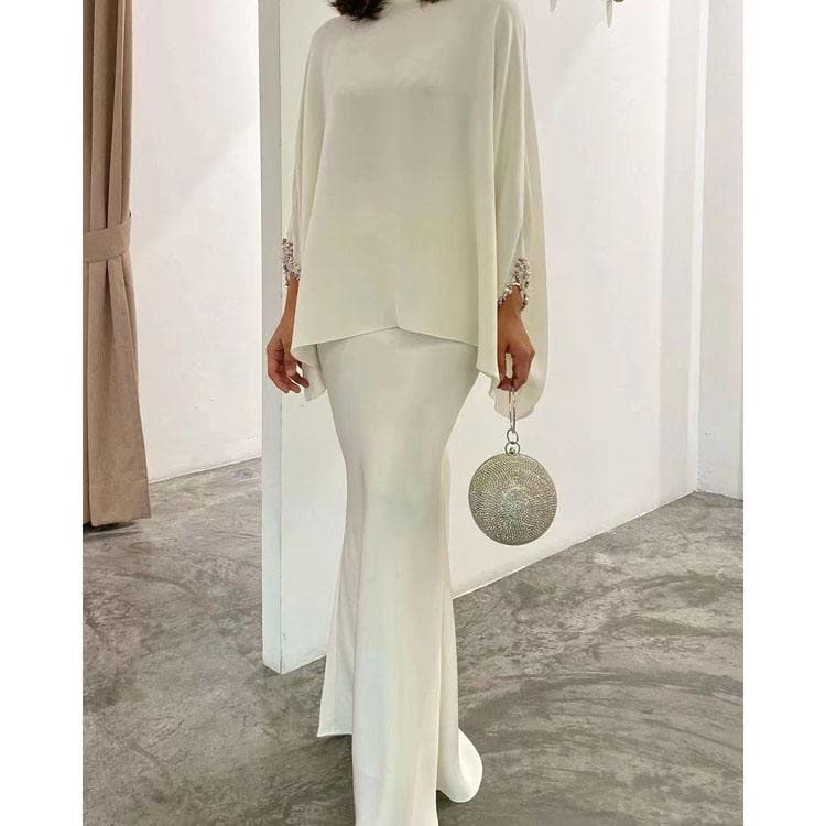 Abaya Muslim 2024 New High Quality Pearl Floor Length Dress and Top Suits Women Two Piece Sets