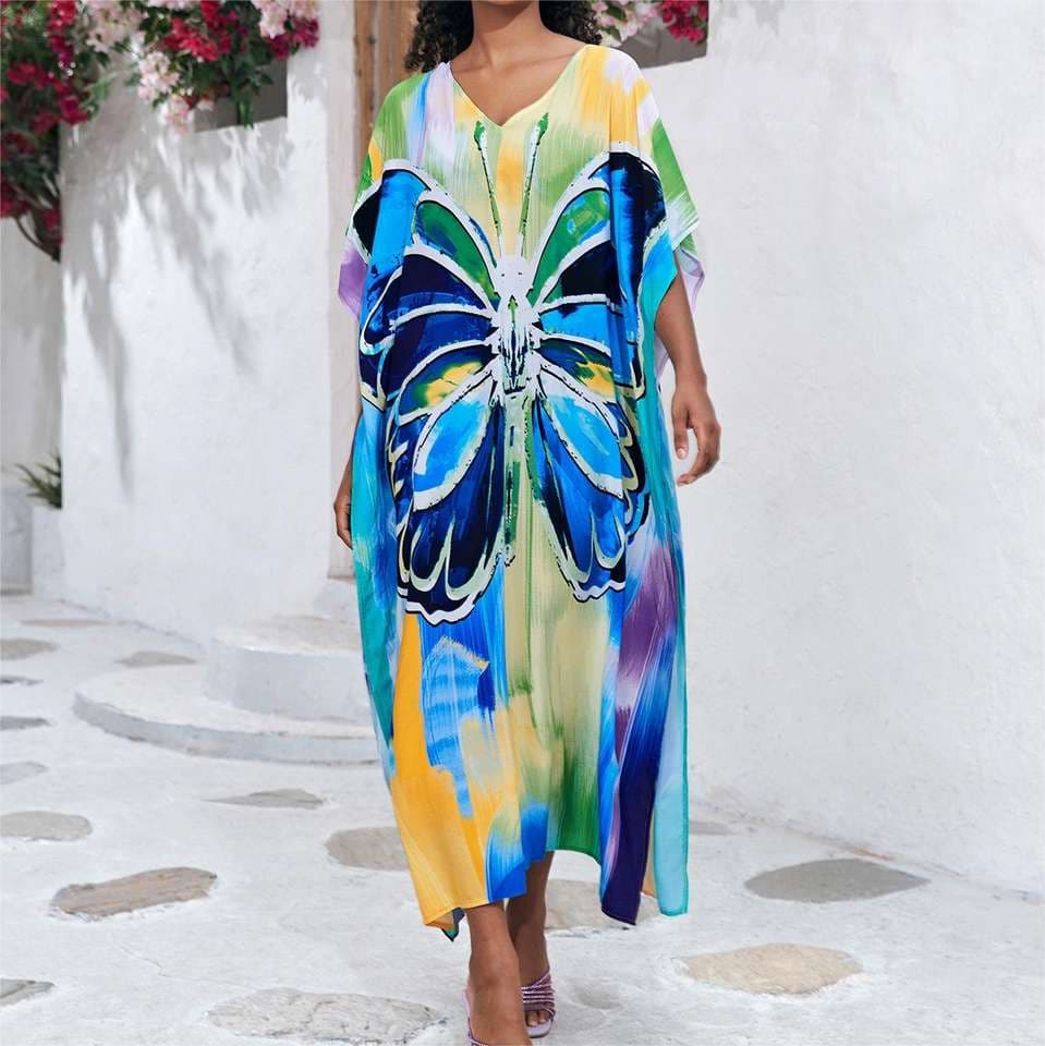 Butterfly Pattern Women Long Dress Bikini Cover up Wholesale V Neck Rayon Holiday Skirt Factory Directly