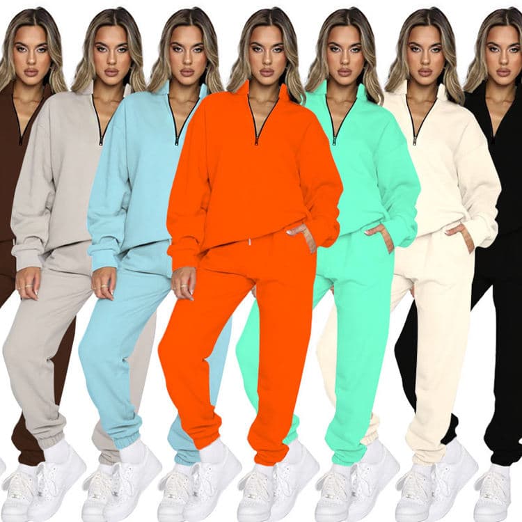 Autumn and Winter New Solid Color Jogging Suit Set Zipper Pullover Long Sleeve Set Two Piece Fashion Long Pants Set