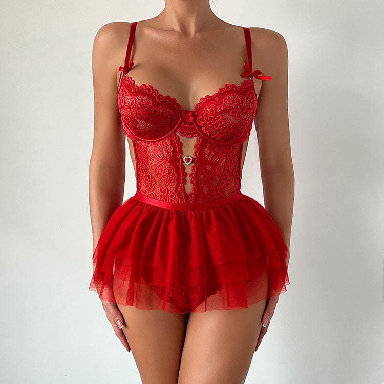 Hot Sale Cute Girl Love Lace Transparent Backless Sexy Lingerie Pure Desire One Piece Skirt Set