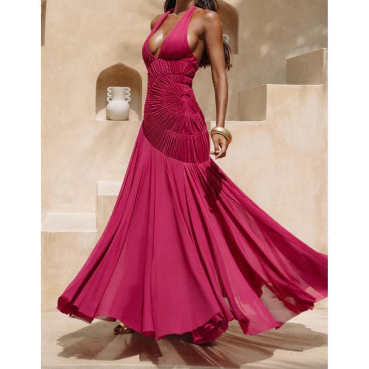 Wenshuo Halter Pleated Dress Wholesale Simple Deep V Dress Custom logo Solid Color Dress Factory Directly