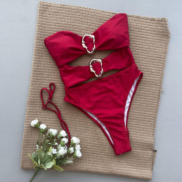 New Solid Color One Piece Swimsuit Sexy Hollow High Cut Bikini for Women