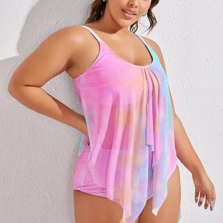 Tie Dye Mesh Covered Adjustable Shoulder Straps Sexy Split Plus Size Bikini Swimsuit