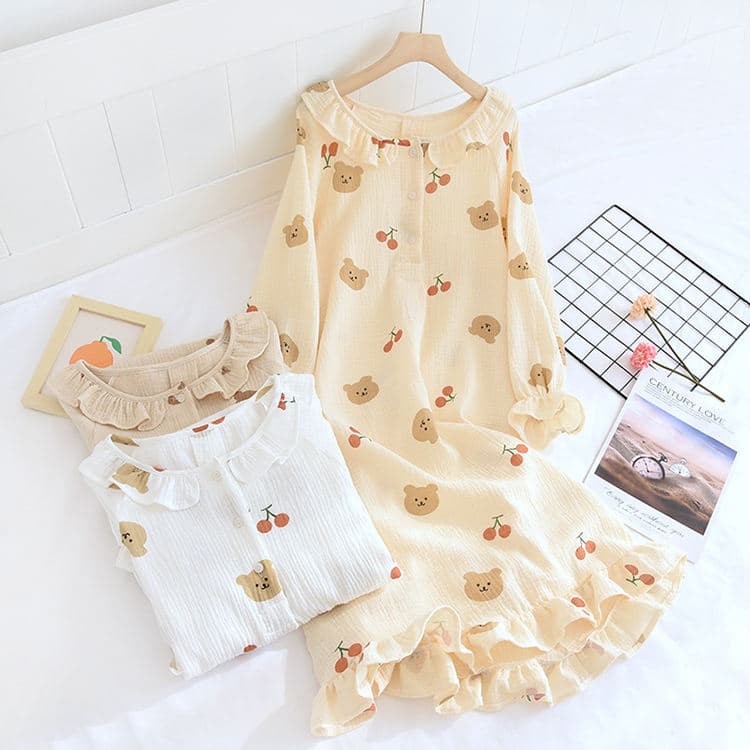 Washed Cotton Double Layer Gauze Crepe Women Cute Long Sleeve Nightdress Pajamas Home Clothes