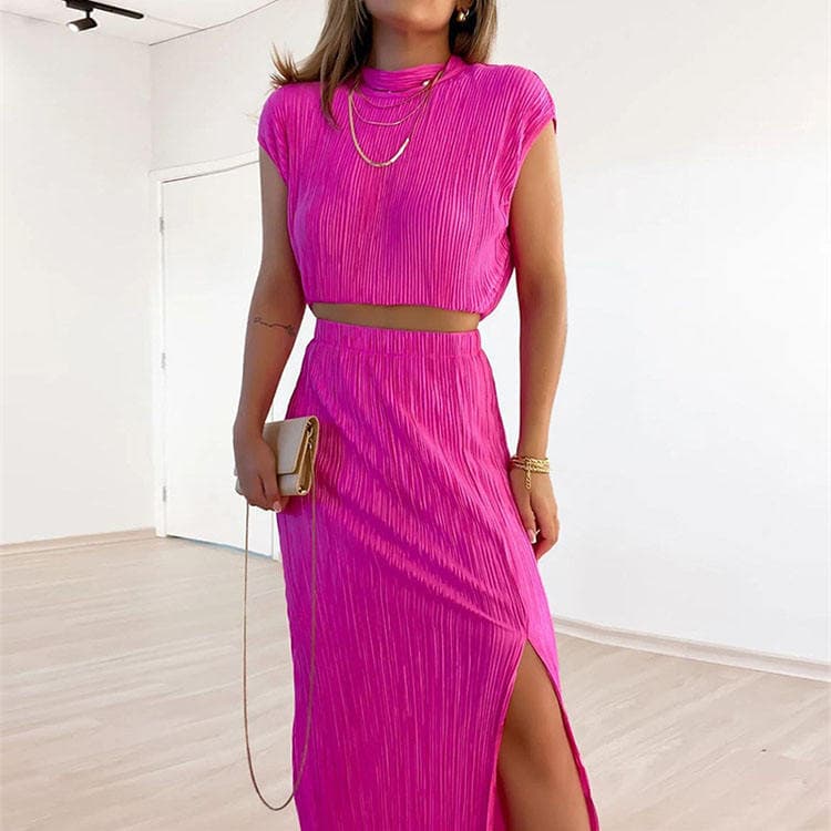 2023 New Pressed Pleated Half High Collar Short Shirt High Waist Slit Mid Length Skirt Two Piece Set