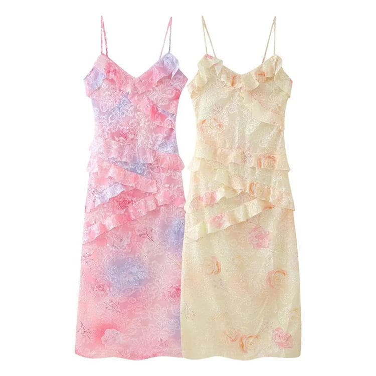 Hot Sell 2024 Cami Floral Print Dress Backless Ruffle Maxi Dress Vacation Beach Sexy Long Dress